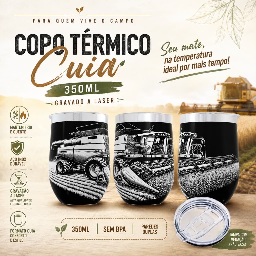 COPO TÉRMICO ARTE 360º GRAUS COPO INTEIRO TEMA: CAMINHÃO COLHEITADEIRA CAMPO PLANTAÇÃO AGRICOLA COM PAREDE DUPLA