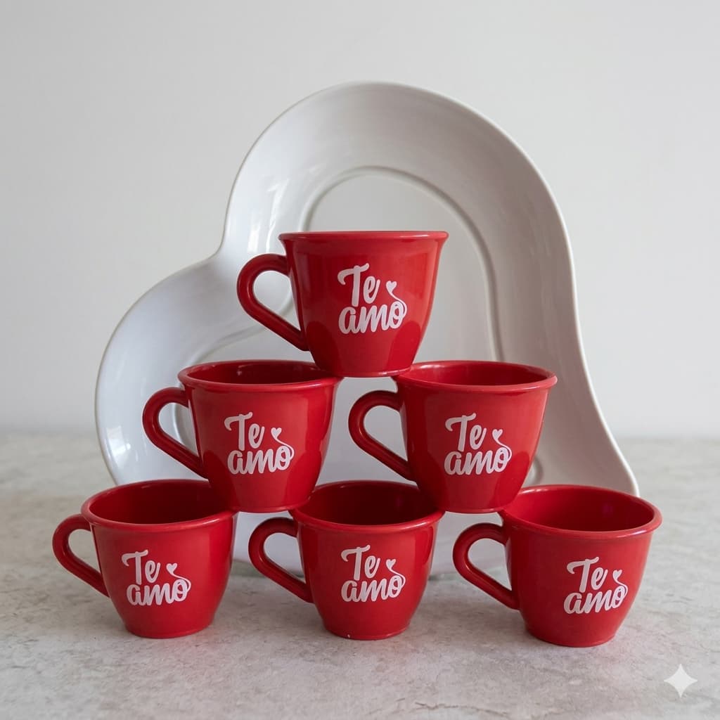 Kit Presente Te Amo 6 Xícaras Acrílica + 1 Prato Grande de Coração Refeição Plástico