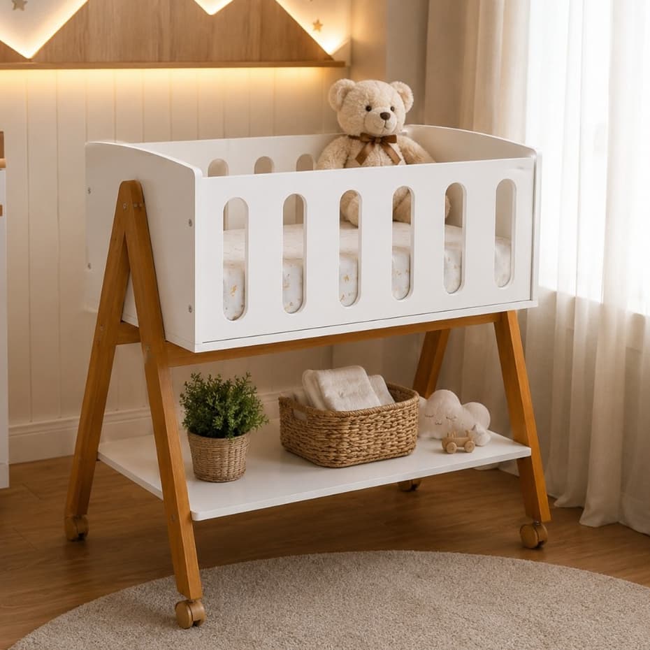 Mini Berço Branco Sissi Wood Portátil Regulável com Rodízios e Colchão para Bebê Matic Móveis