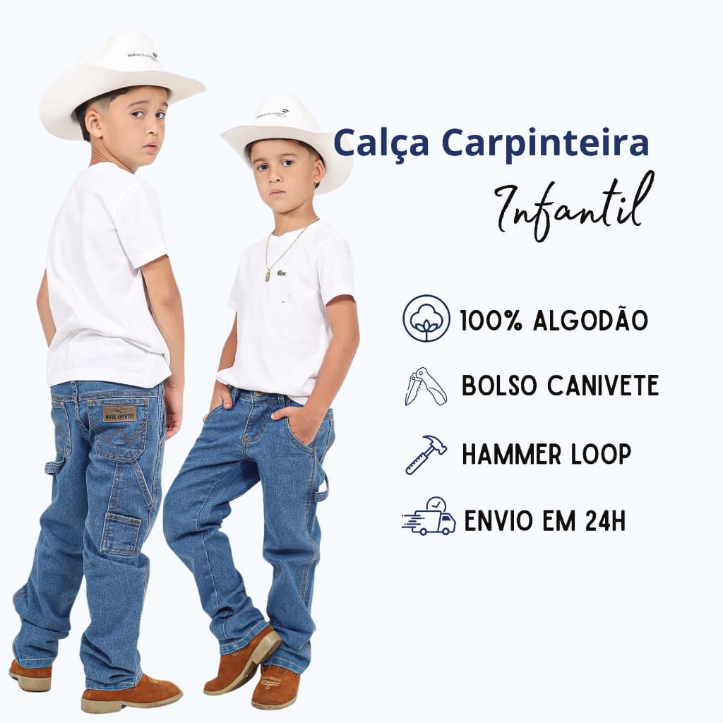 Calça Masculina Infantil Jeans Country Cowboy Carpinteira