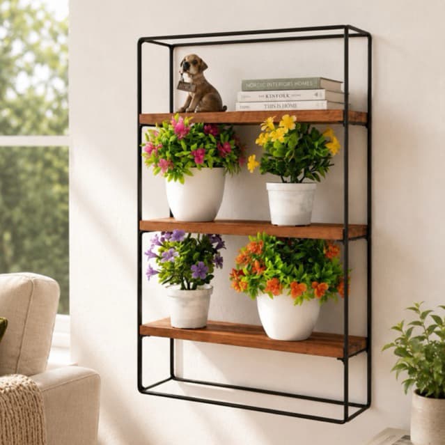 Quadro decorativo nicho prateleira com design industrial em ferro e tábua pinus