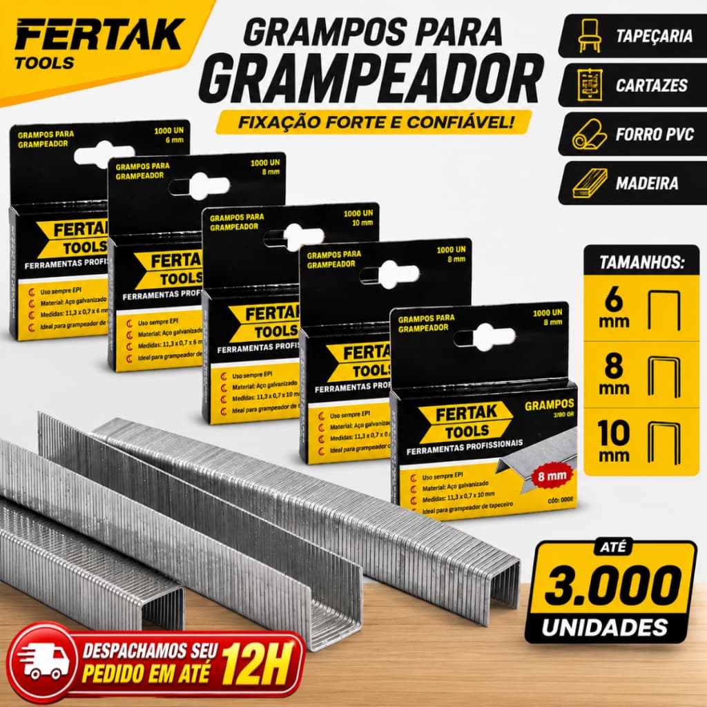 Até 3.000 unidades de Grampos para Grampeador Tapeceiro Madeira PVC 6mm, 8mm e 10mm Fertak