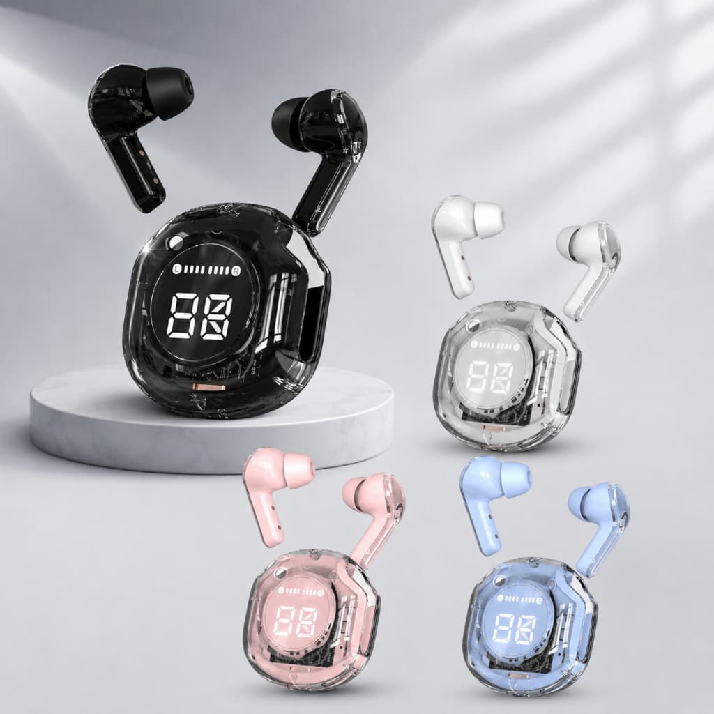 Fones Bluetooth TWS Nova Geração, estojo transparente, som de alta fidelidade e comando por toque