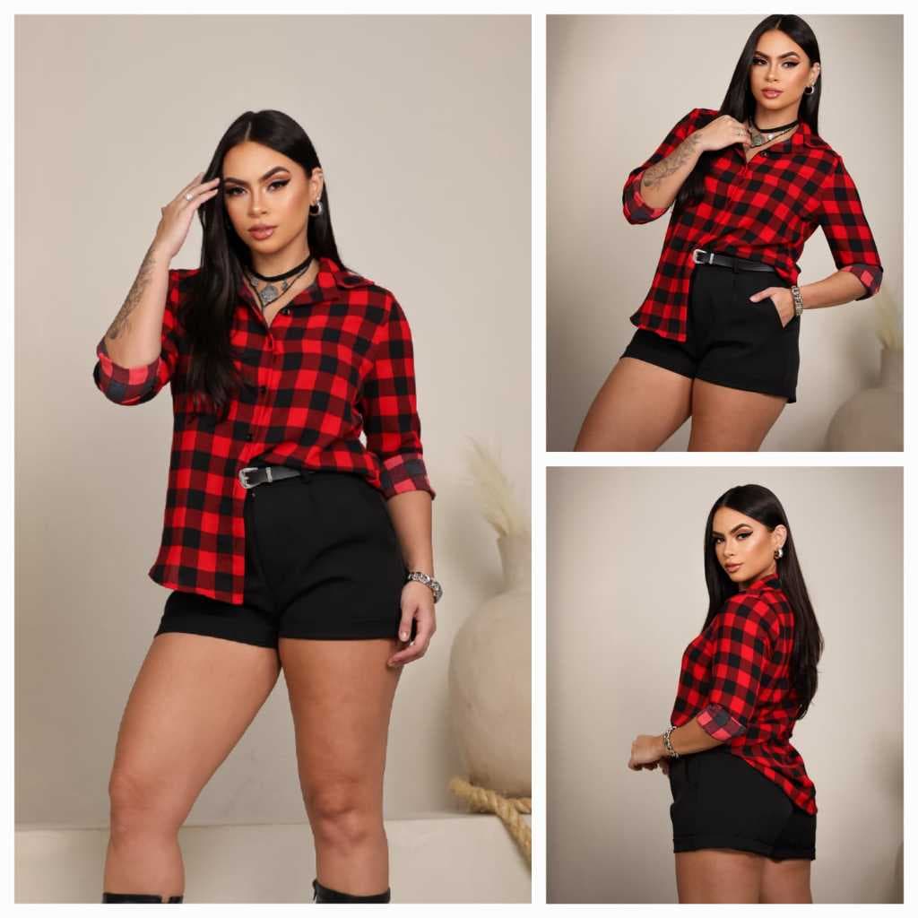 CAMISA XADREZ FEMENINA MANGA LONGA TEJIDO DUNA QUADRICULADO  TEM P M G GG