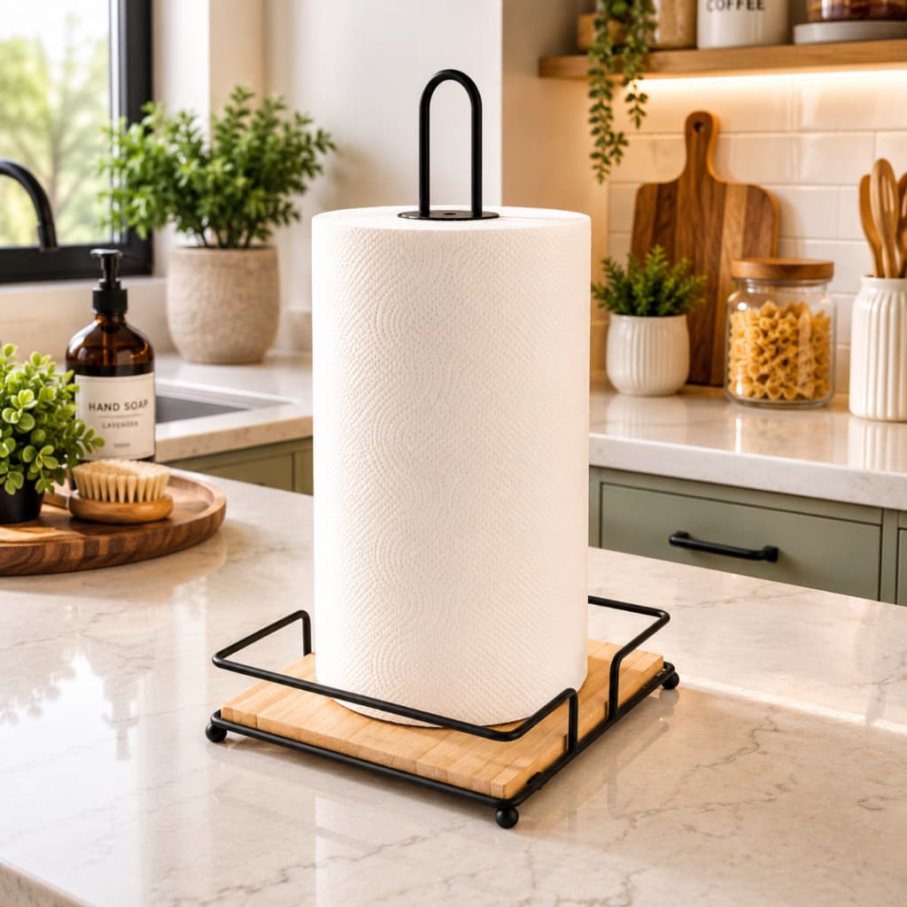 Porta Papel Toalha Metal Bambu Resistente Estável Decoração