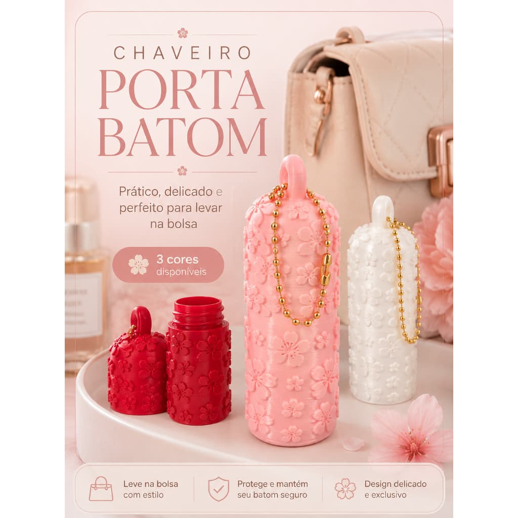 Chaveiro Porta Batom Floral 3D Porta Lip Balm Bolsa Feminino Delicado