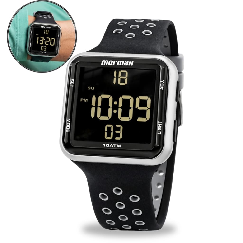 Relógio Mormaii Masculino e Feminino Preto Digital Lcd Negativo Pulseira De Silicone Prova D'água 100 Metros Original