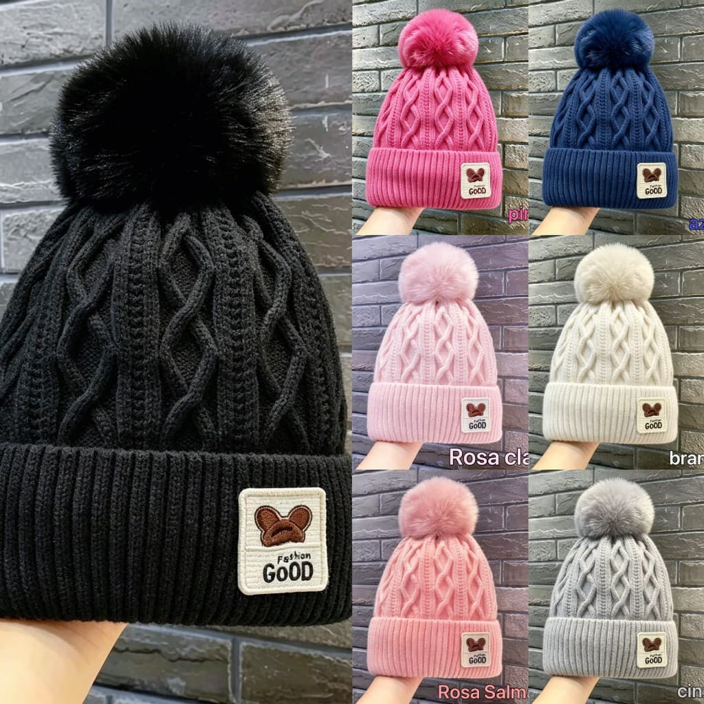 Touca de trança com pompom de pelúcia infantil unissex, elástica várias cores disponíveis inverno