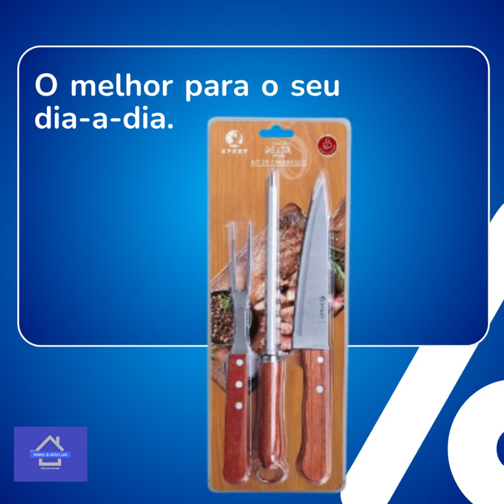 Kit Churrasco 3 Peças Aço Inox com Cabo de Madeira Premium