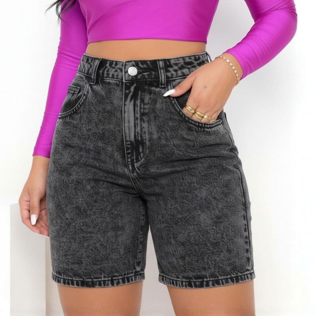 Bermuda Jeans Feminina Cintura Alta Preto Empina Bumbum Bolso Funcional Algodão