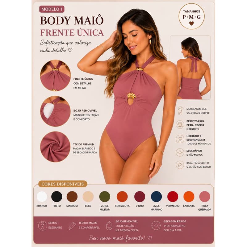 Maiô Feminino Elegante com Bojo e Detalhe Dourado – Modelos 1 e 2 – Cores Variadas