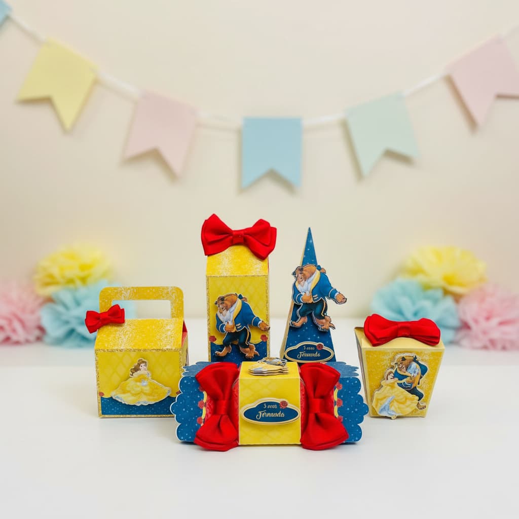 Kit Festa Pegue e Monte - Lembrancinhas Personalizadas A BELA E A FERA - Aniversário - Caixa Milk Personalizada