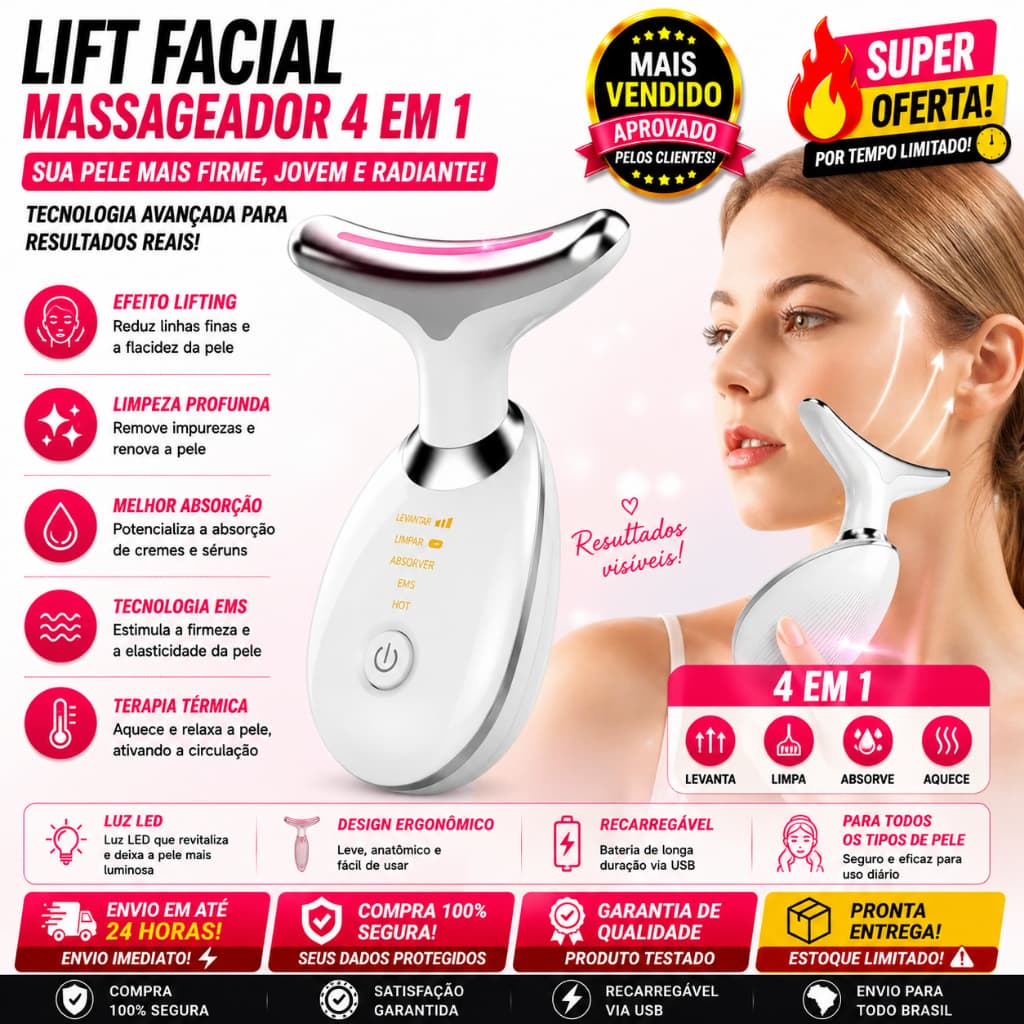Massageador Pescoço e Rosto LED Vibração Fototerapia Para Rejuvenescer Firmeza Anti-Rugas - Anti-Papada, Limpeza.