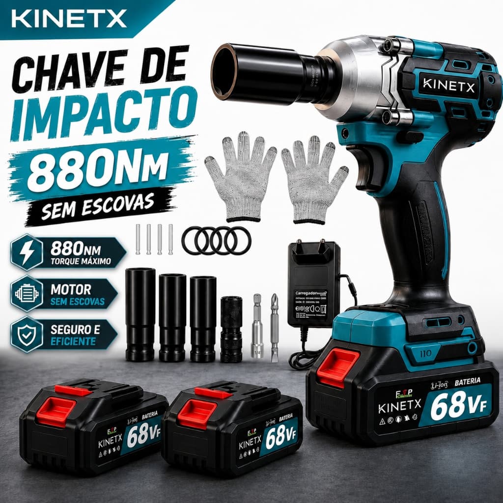 Chave de Impacto KINETX Sem Escova 68VF 880Nm 2 Baterias Com Acessórios Completos 3 e 1 Furadeira e Chave Inglesa Bivolt