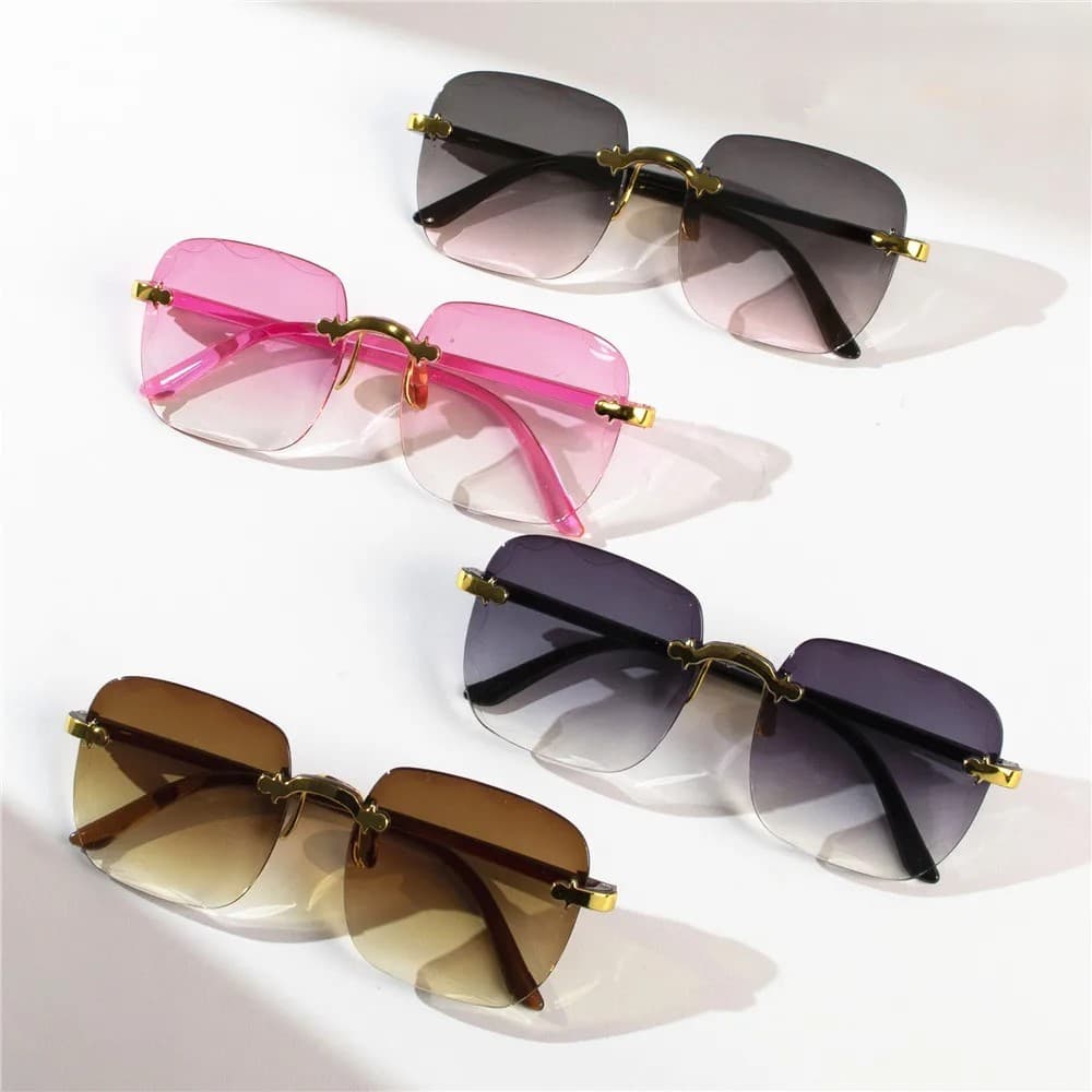 Óculos de Sol Feminino Luxo Sem Aro Quadrado Fashion Proteção UV400 Preto Azul Marrom Praia Piscina