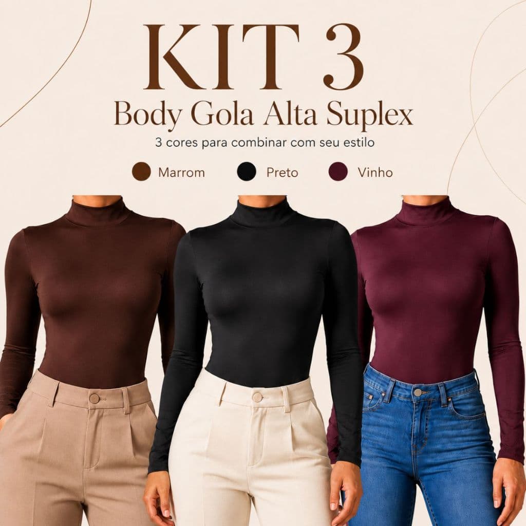 Kit 3 / 2  Body Feminino Suplex Segunda Pele Gola Alta Manga Longa Liso Tamanho Único Moda Inverno