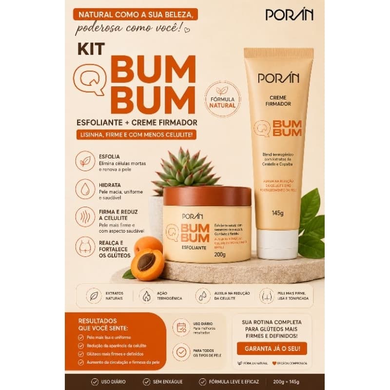 ​🔥 Kit Bum Bum Porán 200g Esfoliante Natural + 145g Creme Firmador  Redutor de Celulite e Foliculite