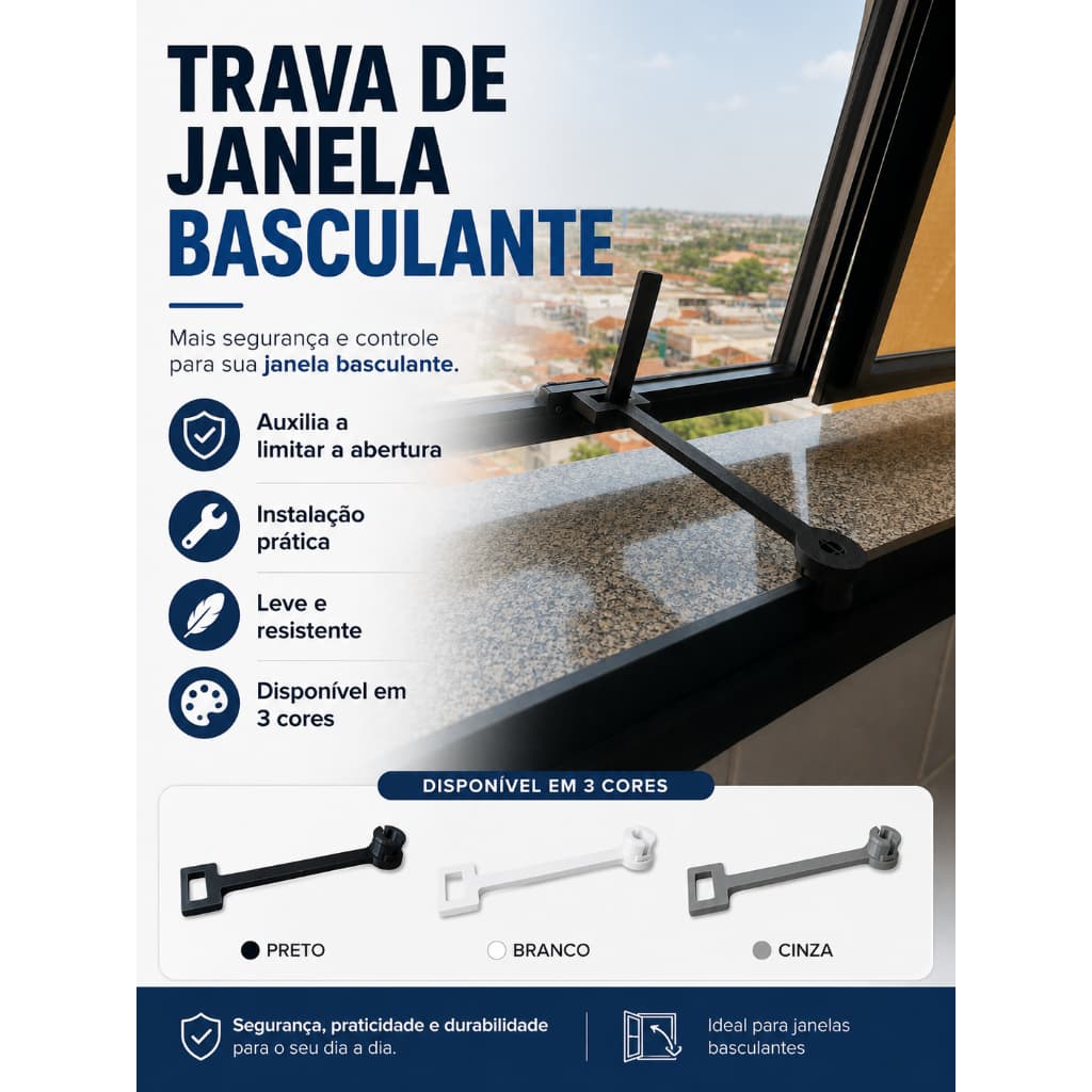 Trava para Janela Basculante do Banheiro com Regulagem 21cm - Limitador de Abertura Segurança Infantil Sem Furar