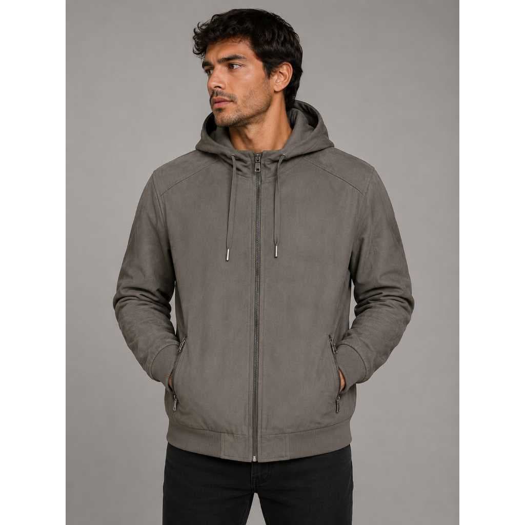 Jaqueta Masculina em Suede Forrada com Punho na Manga, Bolso Interno e Capuz Removivel