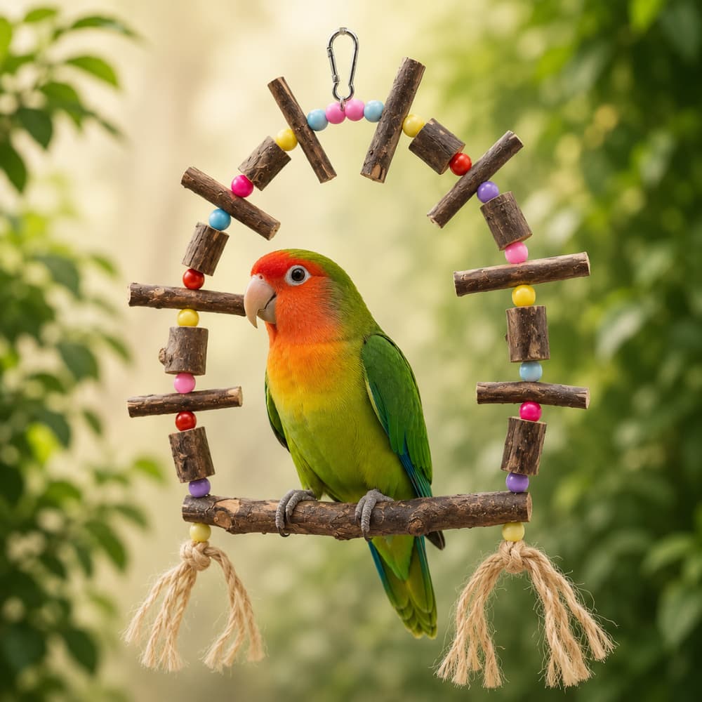 Poleiro Balanço Para Calopsita Agapornis Ring Neck Brinquedo Madeira Natural Sisal Enriquecimento Ambiental