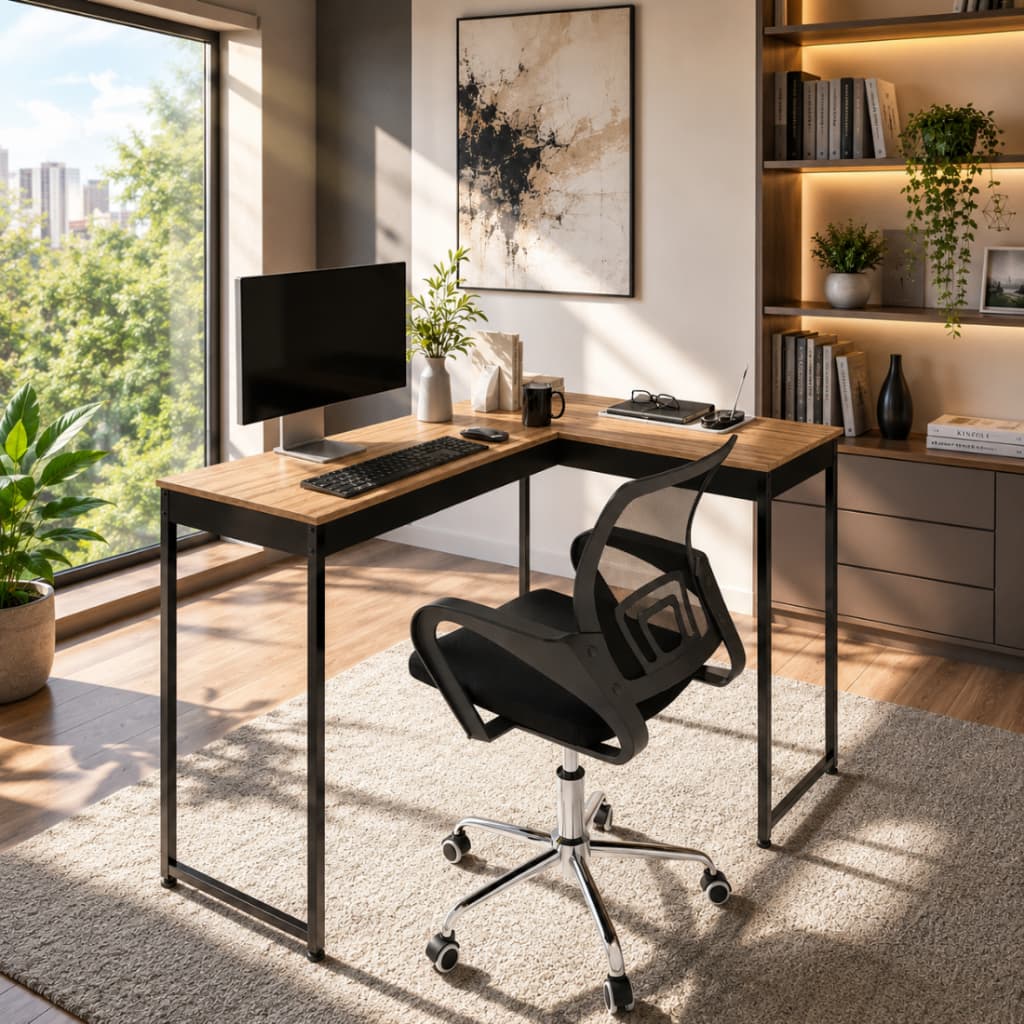 Set Mesa Em L Com Cadeira Mesh Ergonômica Home Office Escrivaninha Para Computador Escritório Moderno