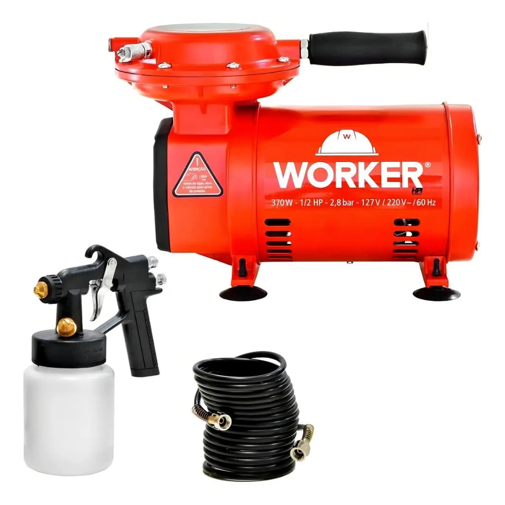 Compressor de Ar Direto Portátil Worker 1/2HP 370W Bivolt com Pistola e Mangueira