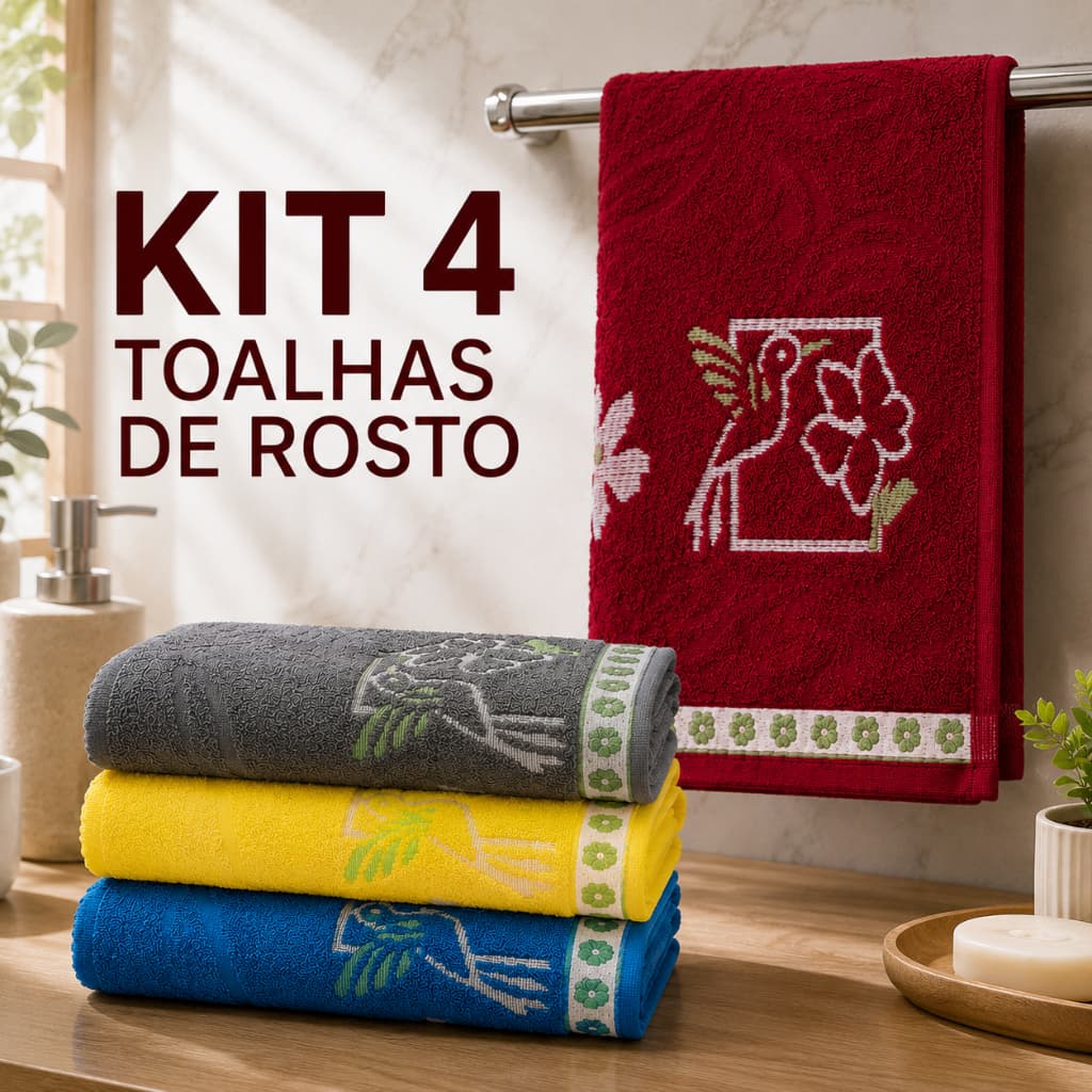 Kit 4 Toalhas de Rosto 50x80 Grande 100% Algodão Grossa Felpuda Toalha Lavabo Mãos Cores Coloridas