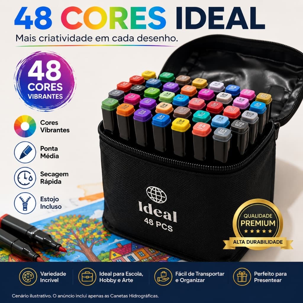 Canetas Hidrográficas 48 Cores IDEAL Estojo Organizador Colorir Desenho Escolar Artístico