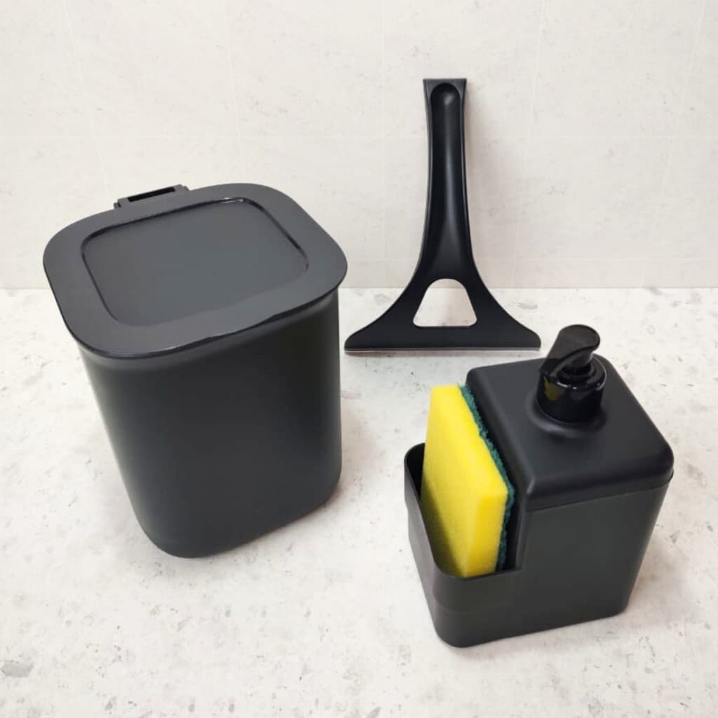 Kit Pia Organizador Compacto Preto com  3 Peças Lixeira Rodinho e Porta Detergente  com Esponja