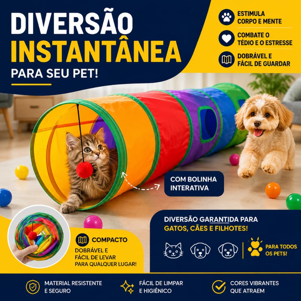 Túnel Brinquedo Interativo Gato e Cachorro Labirinto Colorido Dobrável Toca Playground Pet FIlhote