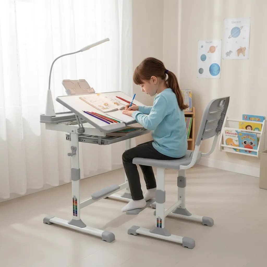 Mesa E Cadeira Infantil Escolar Ajustável C/ Luminária Suporte Para Tablet Livros