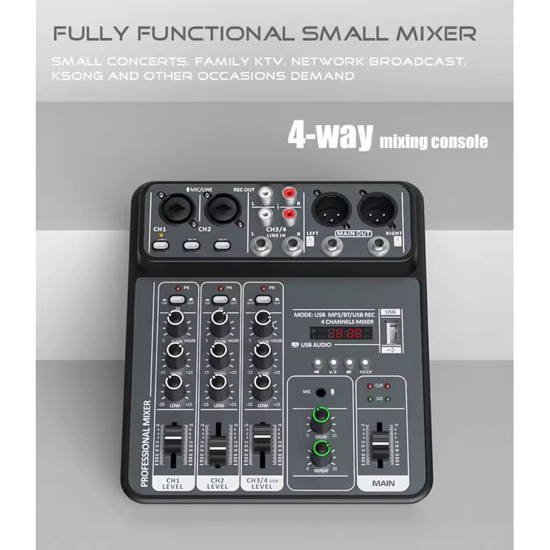 Mixer de Áudio V4 com 4 Canais USB 48V Bluetooth e Pen Drive Com Efeitos