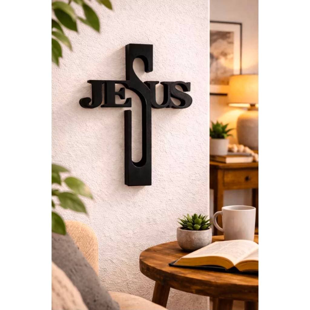 Quadro Cruz Decorativa Jesus Religisos Em Preto Para Parede