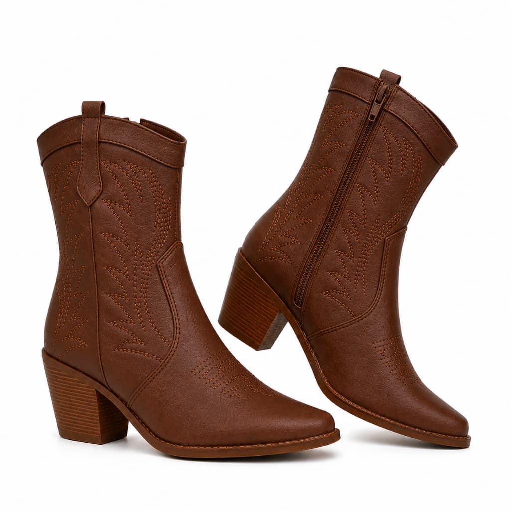 Bota Western Texana Feminina Bordada Cano Curto Salto Médio