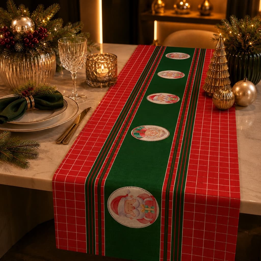 Trilho de Mesa Decorativo Natalino Estampa Sofisticada 110x35cm Exclusivo Natal Papai e Mamãe Noel