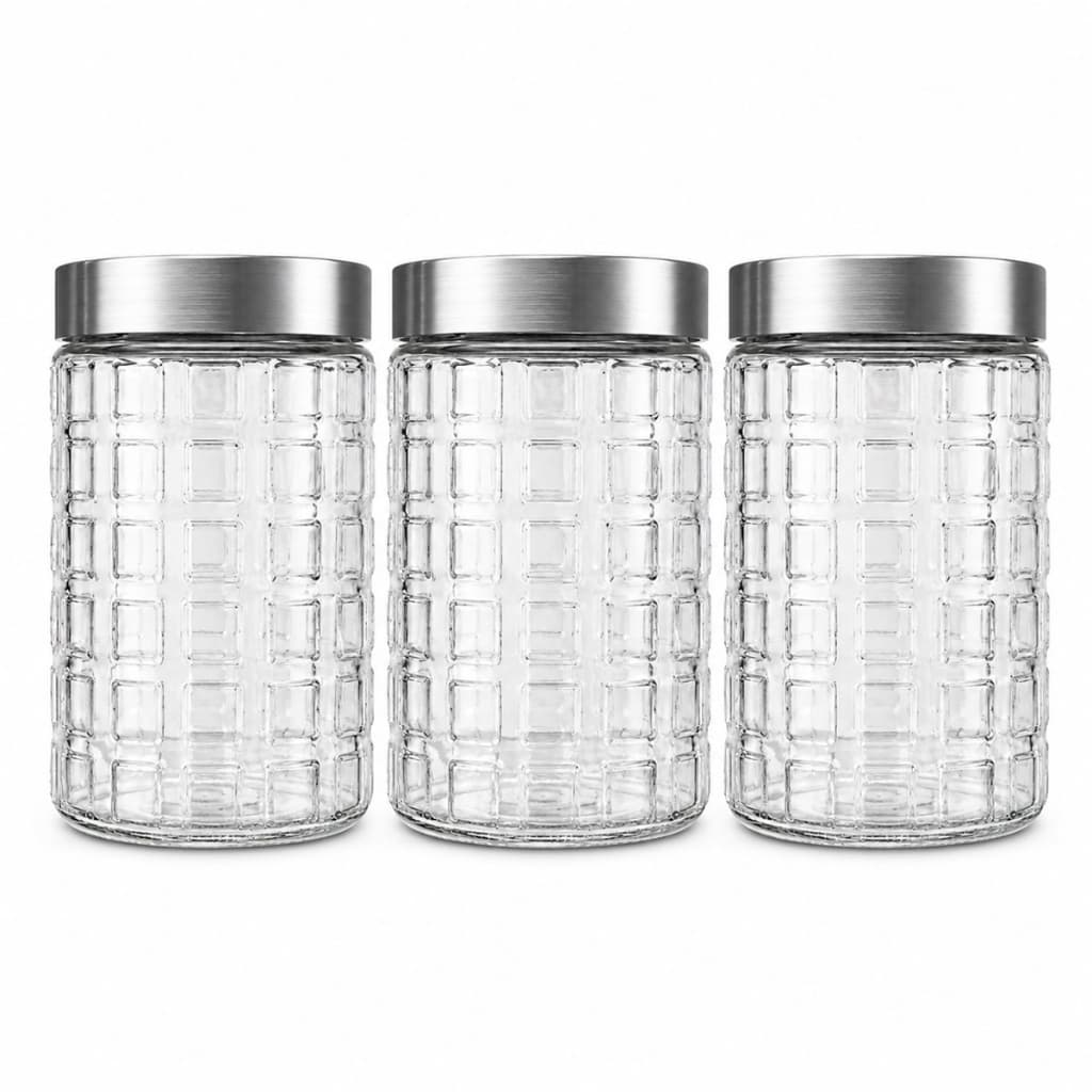 Kit 3 Pote De Vidro 1200ml Trabalhado Tampa Inox Mantimentos Luxo Conjunto Hermetico Tapuer Plastico