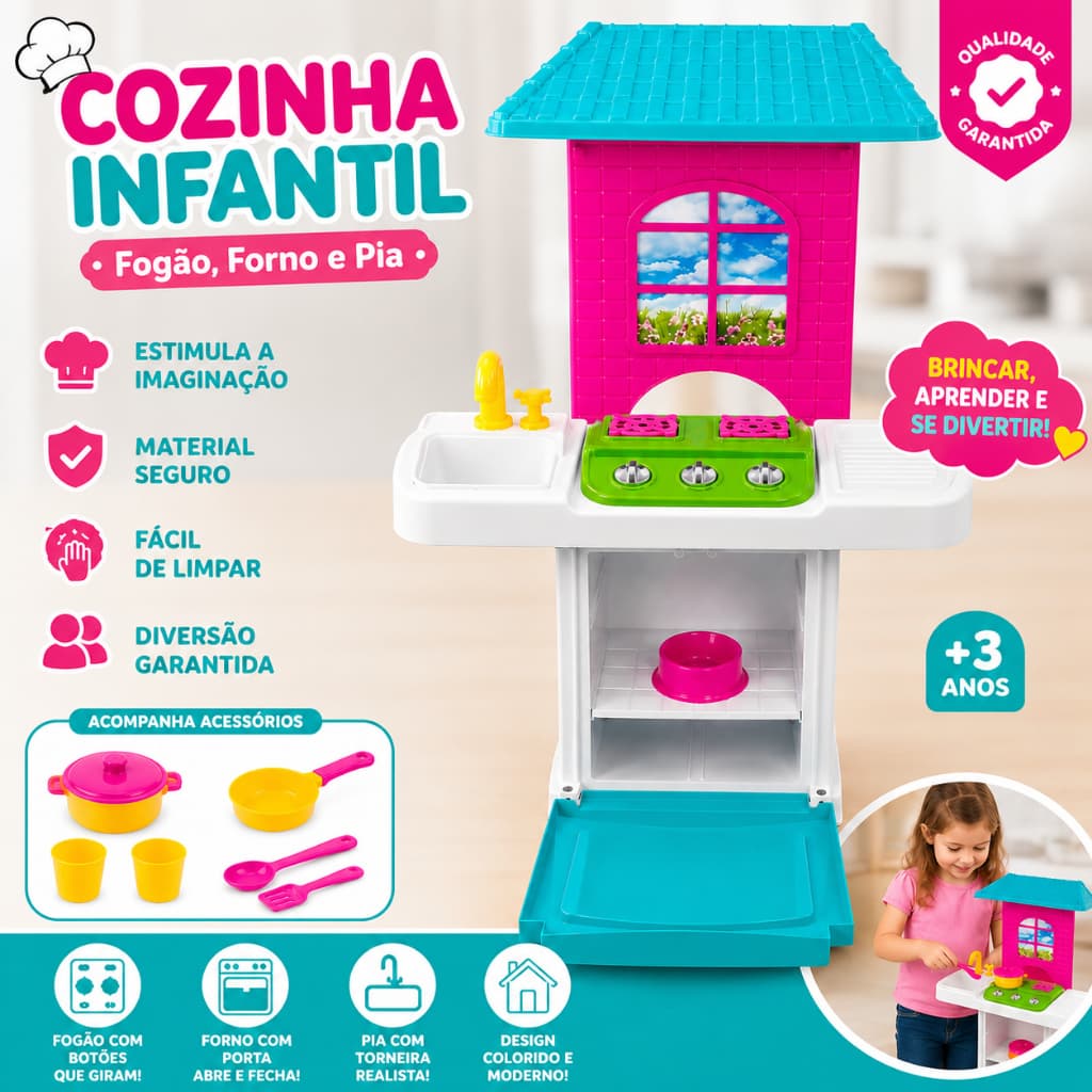 Cozinha Infantil Completa com Fogão, Forno e Pia com Água | Brinquedo Educativo + 13 Acessórios