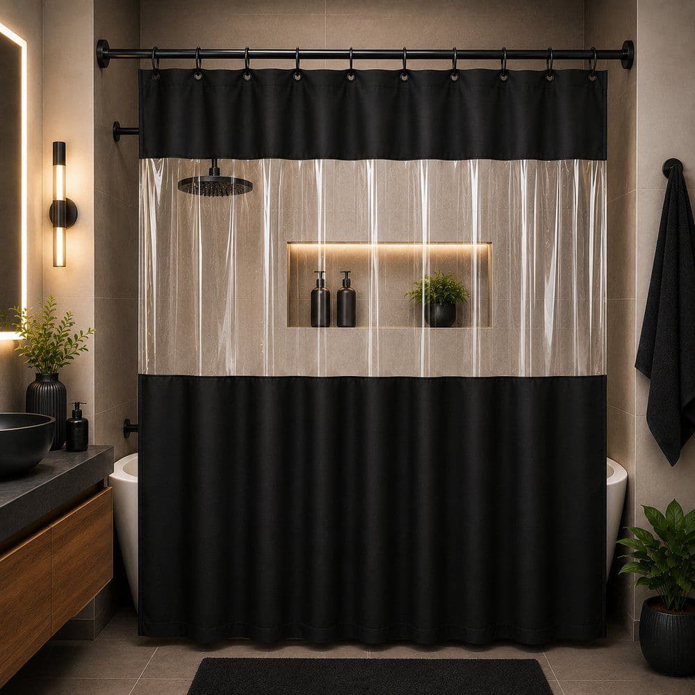 cortina box de banheiro com visor transparente e ganchos 1,38x1,98m preta pvc impermeável chuveiro
