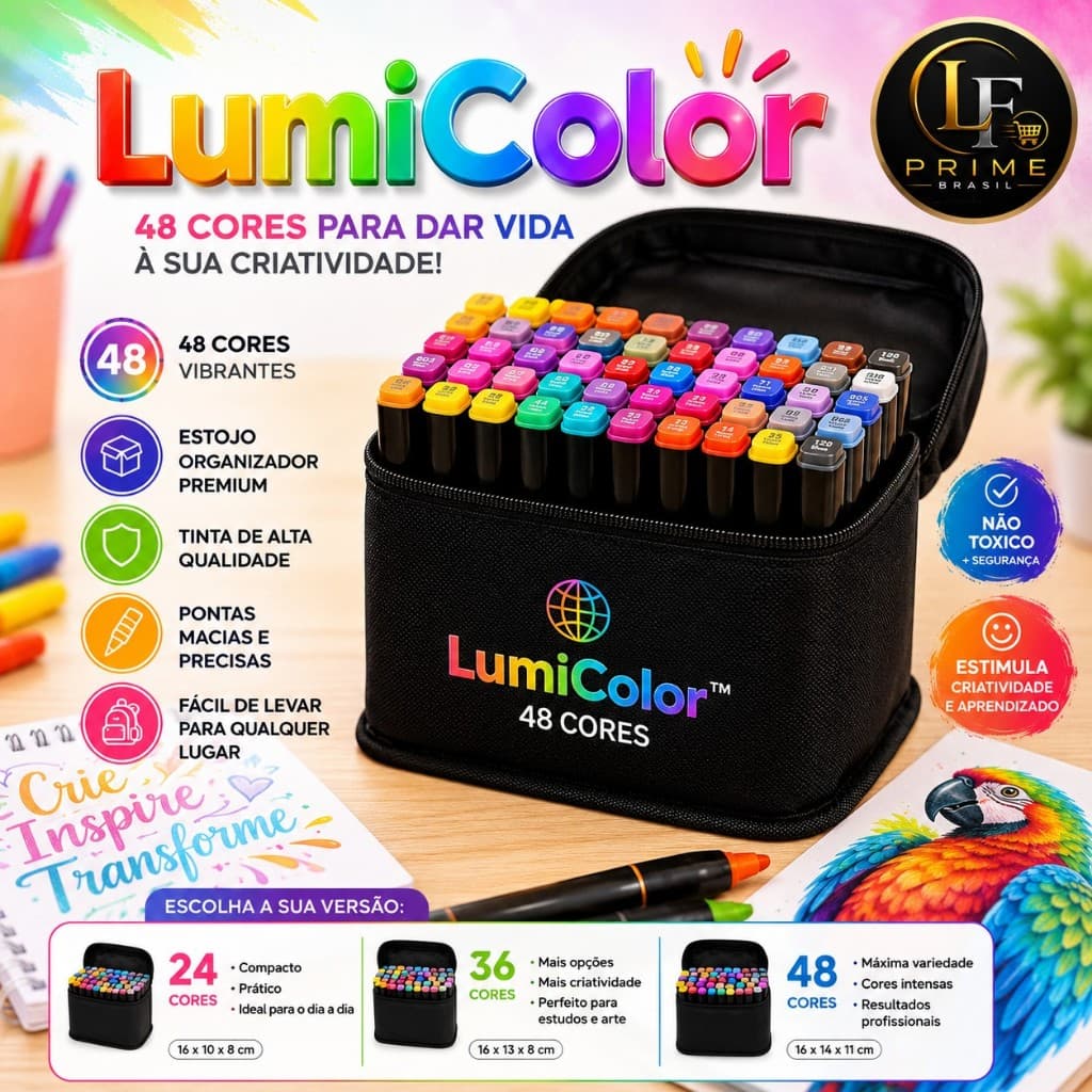 Kit Canetinhas Hidrográficas LumiColor 24 36 48 Cores Ponta Dupla 1mm e 6mm Desenho Arte Escolar Pintura Colorir