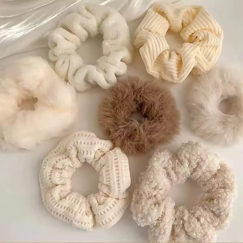 Kit Scrunchie Feminino Elástico de Cabelo Plush Pelúcia Macio para Rabo de Cavalo 7 Peças