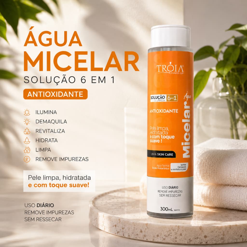 Água Micelar Antioxidante 6 Em 1 Demaquilante 300ml - Tróia Make Up