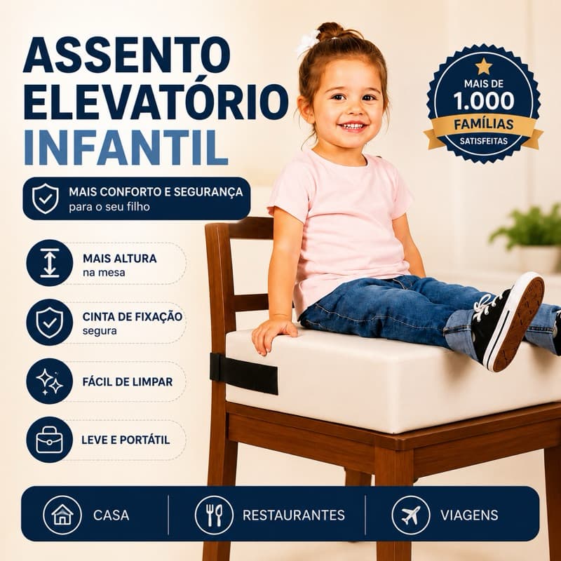 Assento de Elevação Infantil Quadrado Off White | Almofada Impermeável com Cinto de Segurança e Zíper
