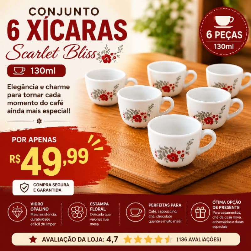Conjunto 6 Xícaras Café Porcelana Scarlet Bliss Capacidade 130ml Branco Elegante superluxo mesalinda