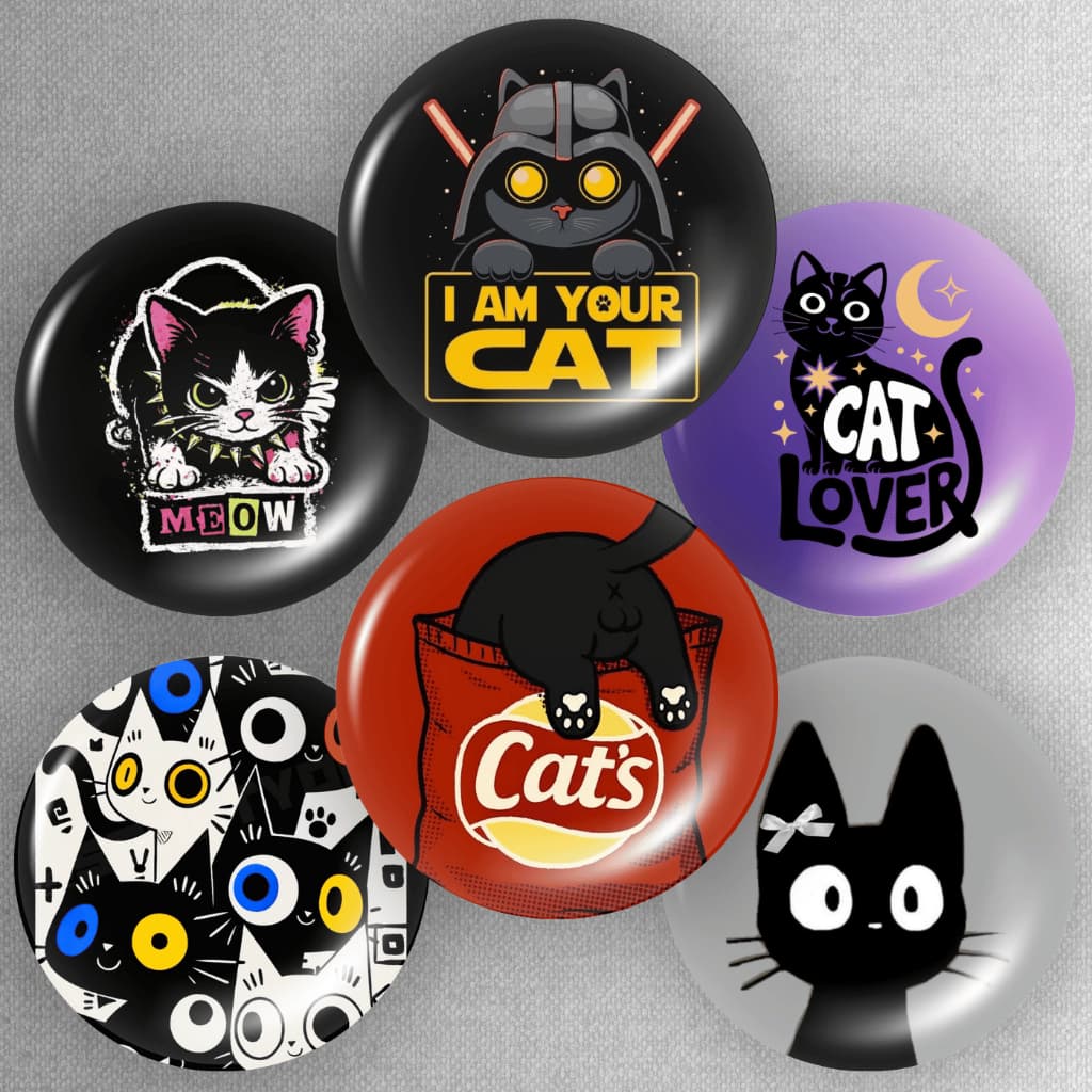 Kit 6 Botons Gato Preto Divertido Humor Geek Broche 45mm Para Mochila Coleção Otaku Gamer