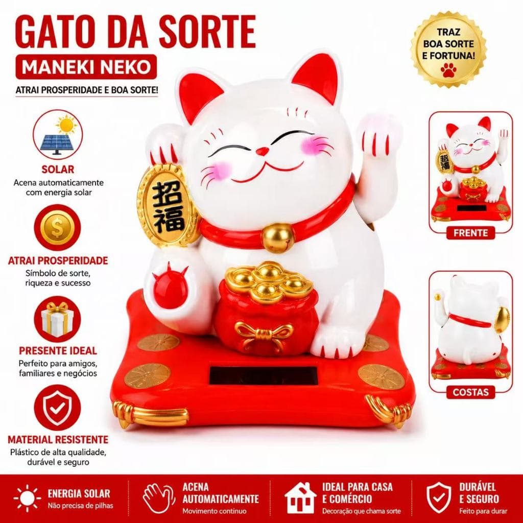Gato Da Sorte Decoração Casa Japonês Maneki Neko Gatinho Da Sorte Energia Solar 6cm