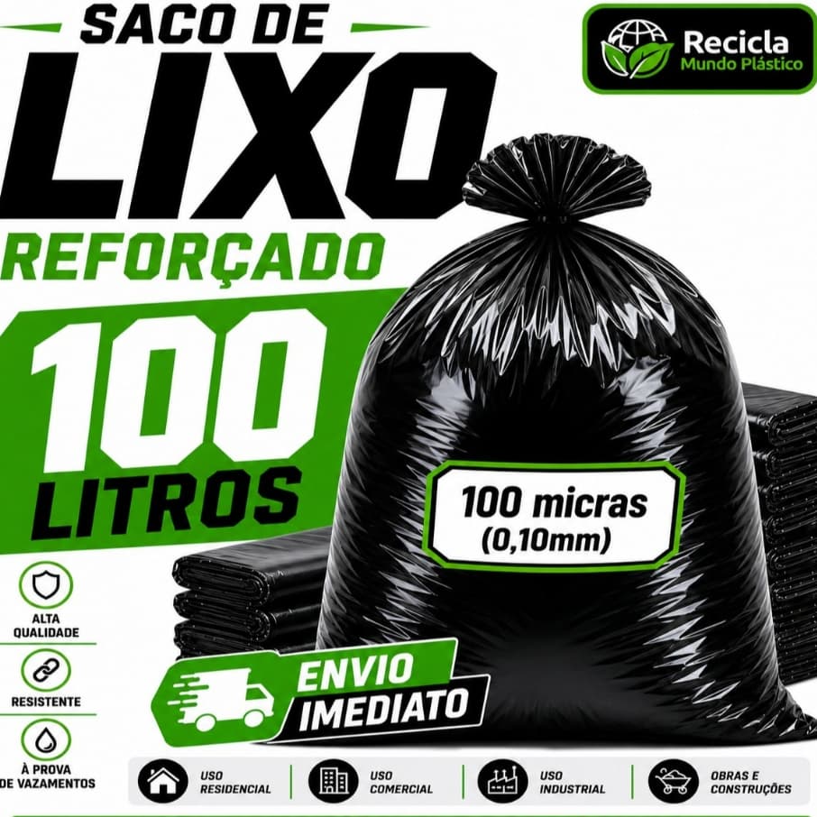 Saco de Lixo 100 Litros  Reforçado Resistente Grosso Preto Obras Casa Limpeza 100 Micras