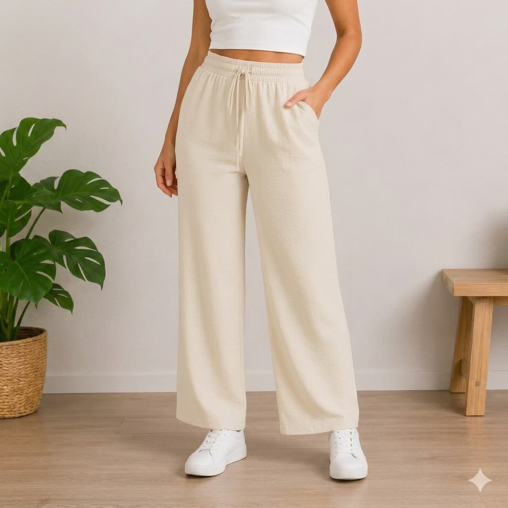 Calça Pantalona Feminina Tecido Duna Cintura Alta com Elástico Moda Elegante