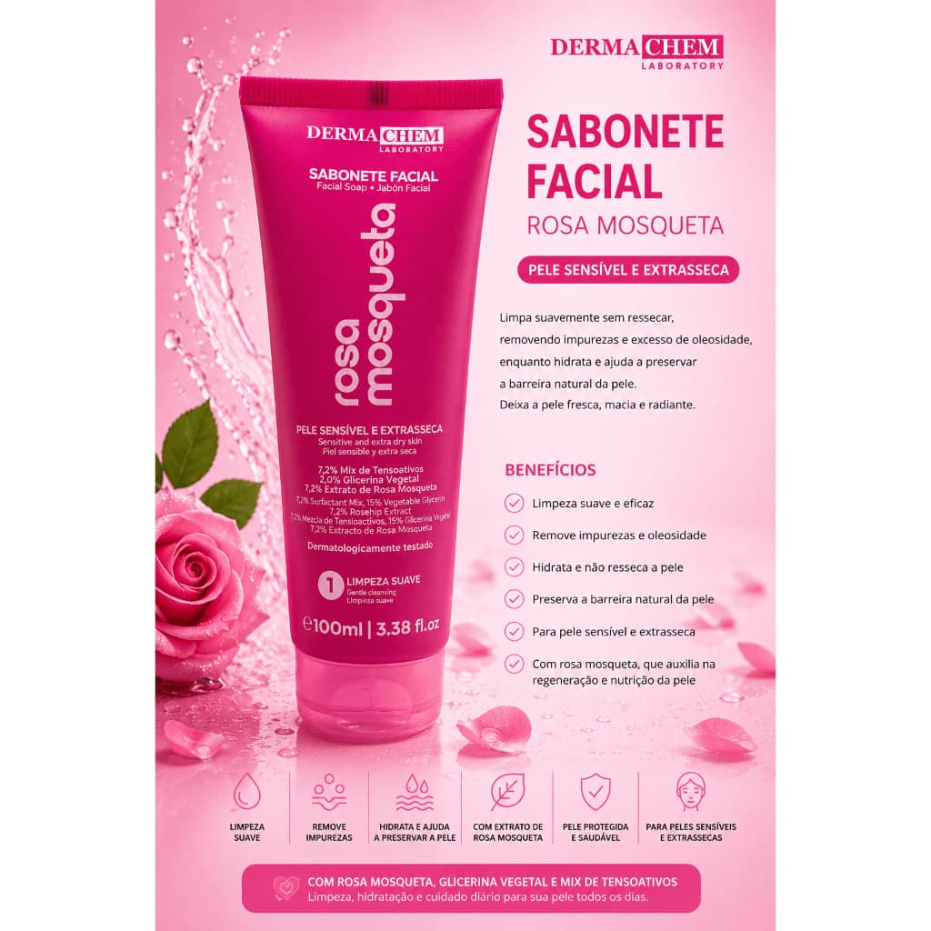 Sabonete Facial Rosa Mosqueta Dermachem 100ml