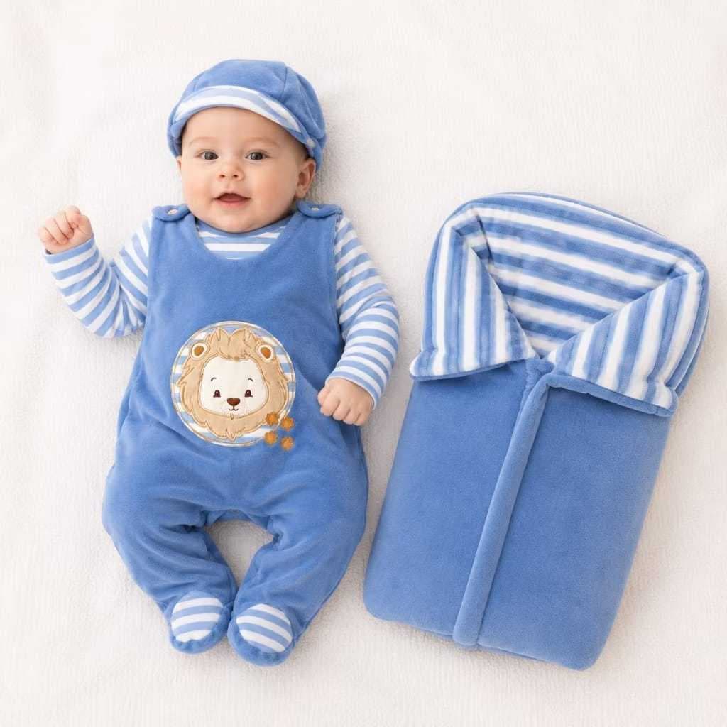 Kit Saída Maternidade Menino Leão Safari Azul 4 Peças Bebê Recém Nascido com Saco de Dormir e Touca