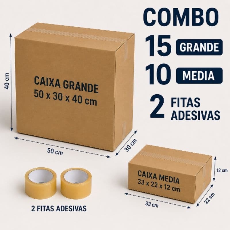 KIT CAIXAS DE PAPELÃO MUDANÇA COMPLETA 15 caixas grandes + 10 caixas médias + 2 fitas